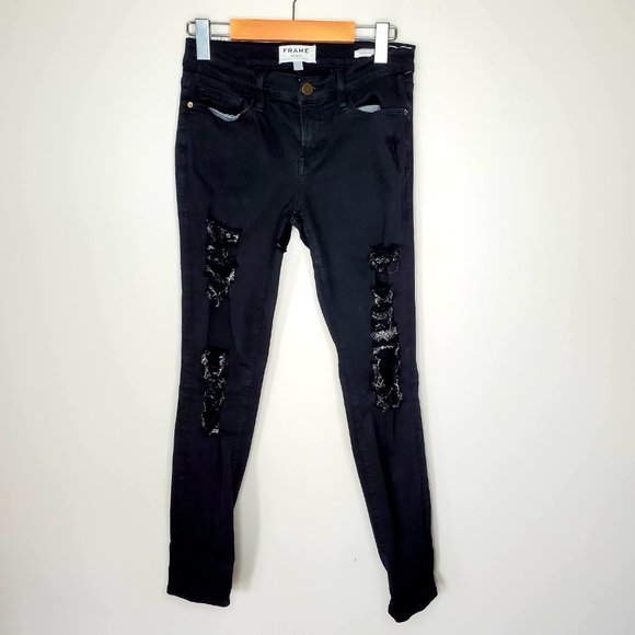 🇺🇸 FRAME DENIM Black Distressed Skinny Jeans - Picture 3 of 11